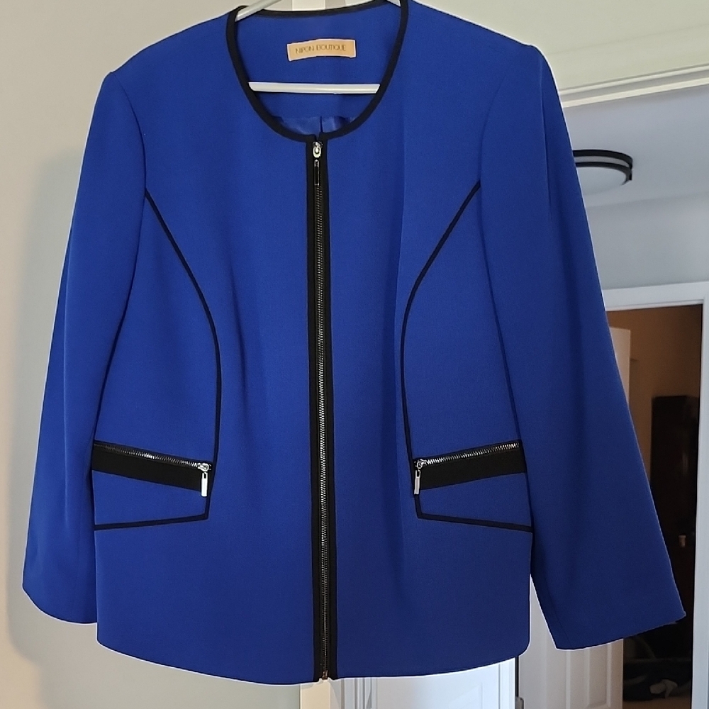 Anne Klein Blue Blazer with Black Trim and Modern Design